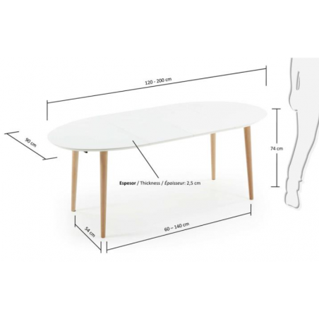 MESA COMEDOR OVALADA OAKLAND EXTENSIBLE 120 Ext. 90X200 BLANCO MATE