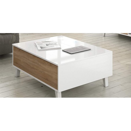 Mesa Centro Elevable Blanco Brillo - Roble Stylus Plus
